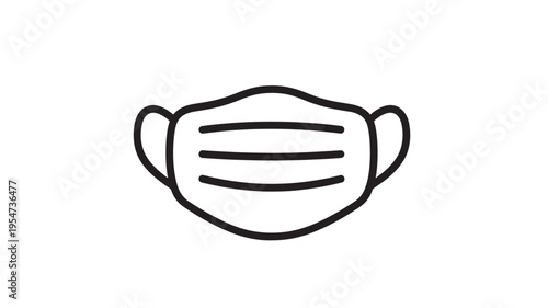 Face mask simple line icon with ear loops and horizontal pleats against a white background, graphic element.
