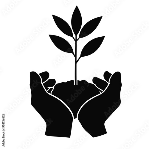 Hands holding plant silhouette. Growth and sustainability concept, eco care vector illustration