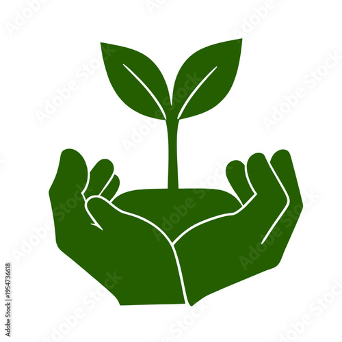 Minimal green icon of hands holding a young plant, symbolizing environmental care, growth, and sustainability. Ideal for eco projects, agriculture, and conservation design.