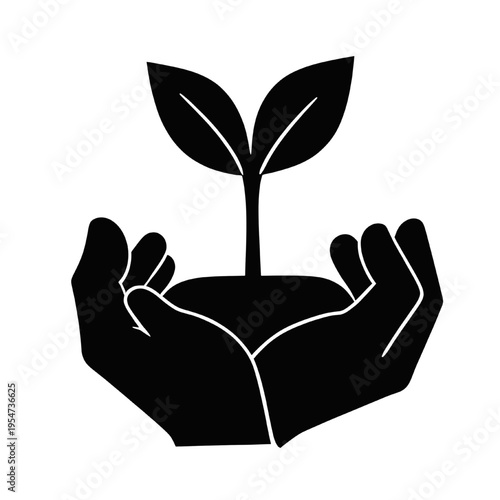 Plant in hands icon silhouette. Environmental protection and nurturing concept, minimal vector illustration