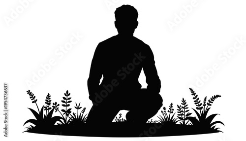 Kneeling person in garden silhouette. Calm outdoor scene with plants, wellness and nature concept, vector illustration