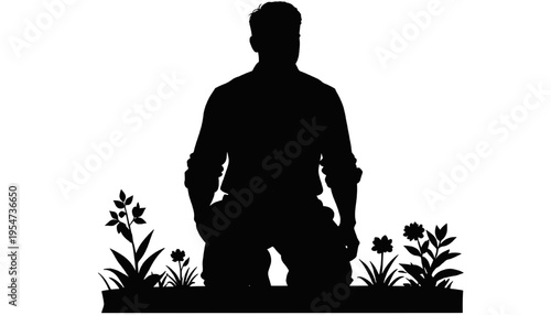Person kneeling in garden silhouette. Gardening, mindfulness and nature connection concept, minimal vector