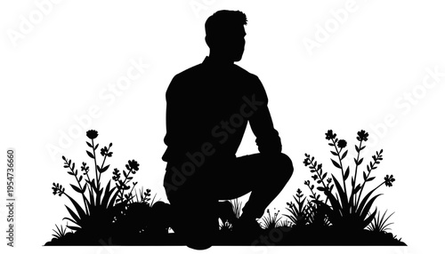 Silhouette of a person kneeling in a garden. Nature care and peaceful moment concept, vector illustration