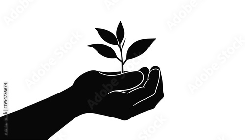 Seedling in hand icon silhouette. Nature care, environmental protection and nurture concept, vector illustration