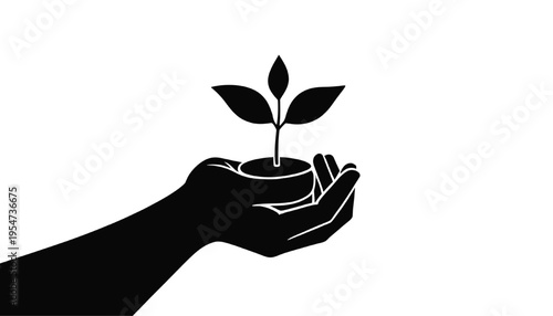 Hand holding plant silhouette. Growth and sustainability concept, minimal eco vector illustration