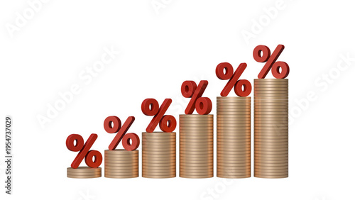 Multiple red percentage signs floating over rising gold coin stacks isolated on background. Conceptual illustration of high inflation rates or aggressive interest rate hikes affecting the market.