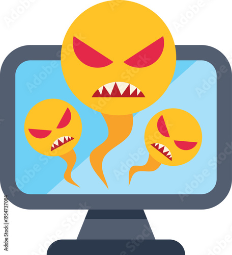 Computer monitor showing angry virus emoticons representing a cyber attack