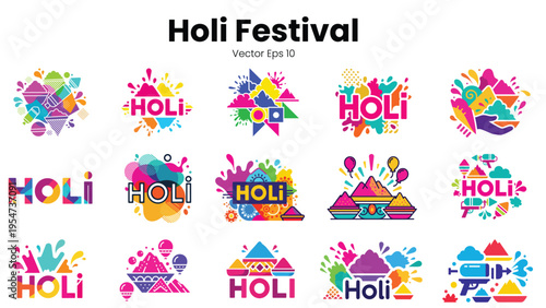 Vibrant Holi Festival Logos and Icons Vector Set