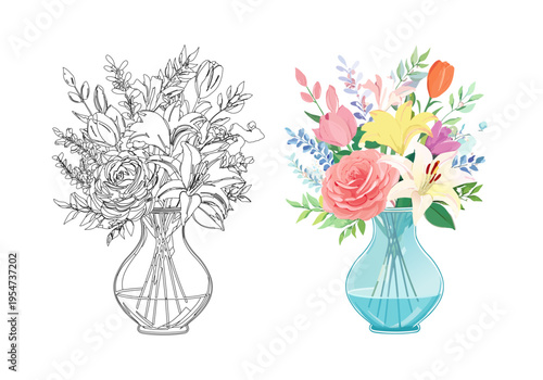 美しい花瓶に入った華やかな花束のイラストセット：バラとユリのカラー版とぬりえ用線画、ベクター素材