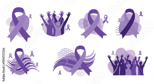 Purple ribbon awareness campaign with group of people raising their hands