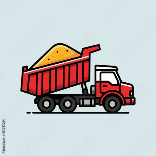 A red cartoon dump truck carrying sand.