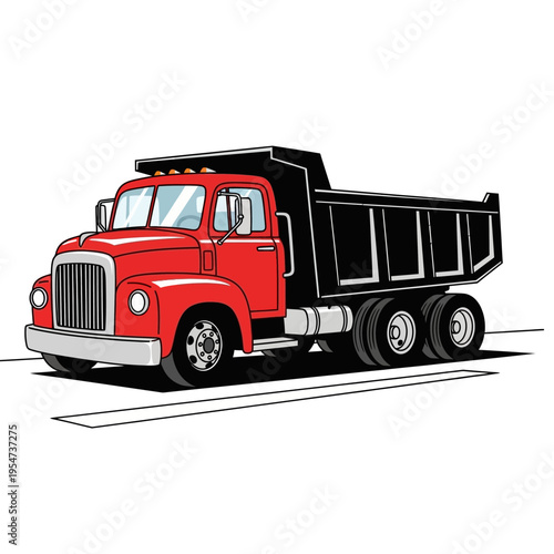 A red dump truck on the road.