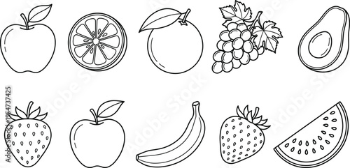 Hand drawn fruit outline collection including apple orange grapes avocado banana strawberry lemon watermelon slice simple vector food icon set