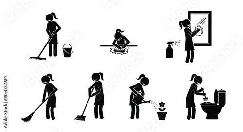 Woman performing diverse household cleaning and domestic tasks, a comprehensive vector illustration set.