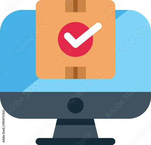 Monitor screen displaying a shipping box with a checkmark, symbolizing successful delivery