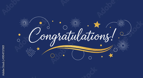 Congratulations Banner with Gold Glitter Stars and Fireworks on Dark Blue Background for Celebration, Achievement, and Success