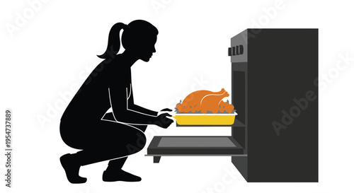 Woman silhouette vector graphic placing a delicious holiday turkey into a dark oven for baking.