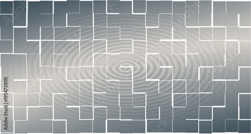 Abstract maze pattern with geometric white outlined rectangles and concentric ripple waves on gradient gray digital background