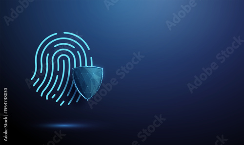 Blue fingerprint behind shield. Biometric security, identity protection, secure authentication, access control, personal data safety, digital privacy concept