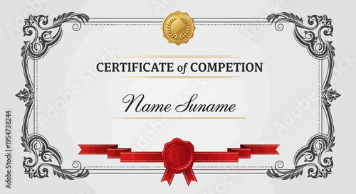 Elegant Certificate of Competition Template with Vintage Filigree Border and Red Wax Seal