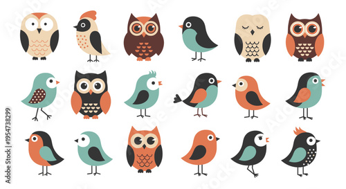 Cute Flat Vector Birds and Owls Collection - Minimalist Forest Bird Icon Set for Design and Decor