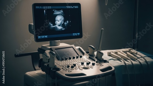 Ultrasound machine displaying a prenatal scan of a baby in a sterile medical setting
