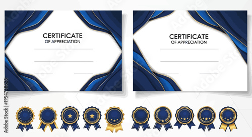 Luxury Blue and Gold Certificate of Appreciation Templates with Wavy Borders and Professional Award Seals