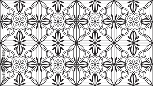 Seamless floral pattern with intricate designs and shapes in black on white background
