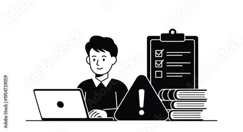 Black and white vector illustration of a focused student working on a laptop with a warning sign.