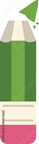 Green pencil featuring a broken tip and a pink eraser