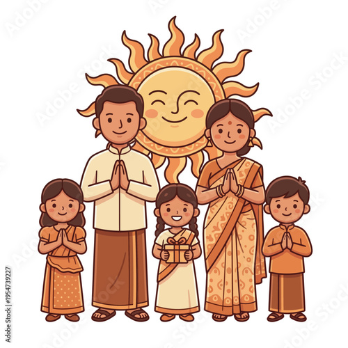 Ayubowan Pose Family Celebrating Sinhala and Tamil New Year with Traditional Attire and Smiling Sun Illustration