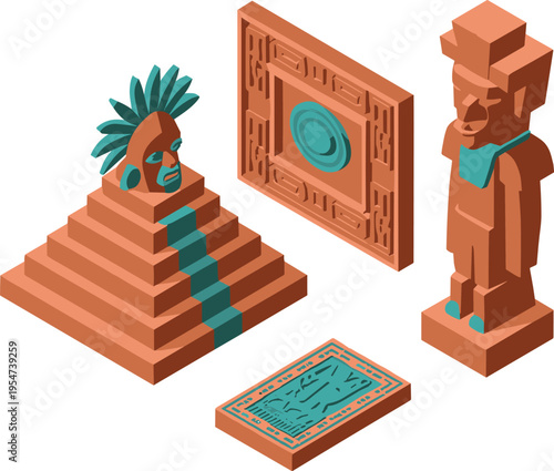 Ancient Mayan temple pyramid statue and artifacts set, isometric historical civilization illustration with stone carvings, cultural heritage design collection
