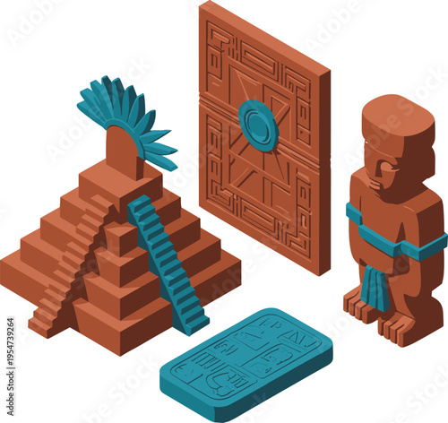 Ancient Mayan civilization isometric set, pyramid temple statue stone door artifacts, historical culture vector illustration isolated 3D design collection elements