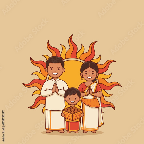 Ayubowan Pose Family Celebrating Sinhala and Tamil New Year with Traditional Sweets and Sun Background Vector Illustration