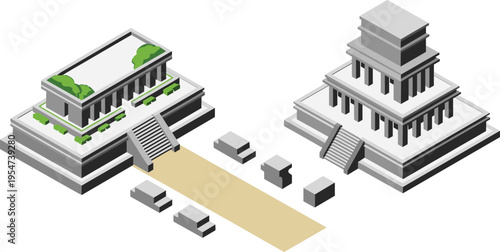Ancient temple buildings isometric set, historical architecture structures with stairs and columns, cultural heritage vector illustration isolated 3D design