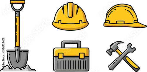 A collection of colorful construction equipment icons including a shovel helmet and tool box set