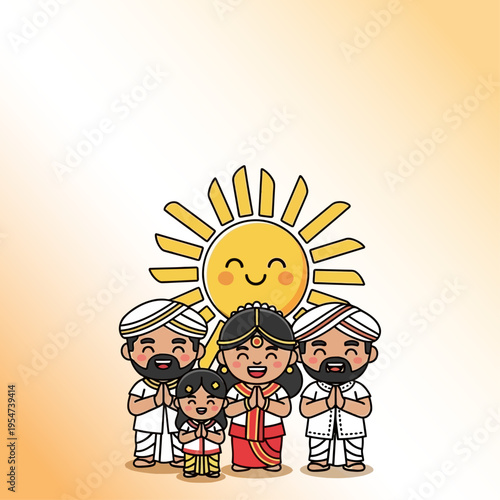 Cute Cartoon Ayubowan Pose Family Celebrating Sinhala and Tamil New Year with Smiling Sun