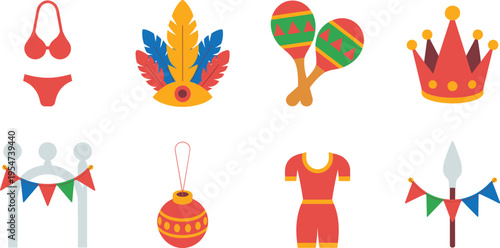 Carnival festival icons set illustration, colorful party elements including costume crown maracas feathers decorations, festive celebration design, cultural event symbols