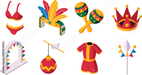 Carnival festival elements set illustration, colorful party icons including costume crown maracas feathers decorations, festive celebration design, cultural event collection