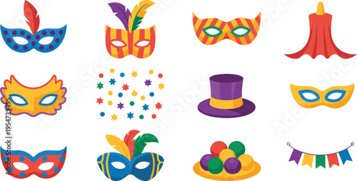 Carnival party mask icons set illustration, colorful festive elements collection, celebration accessories, costume design, event decoration, cultural festival symbols