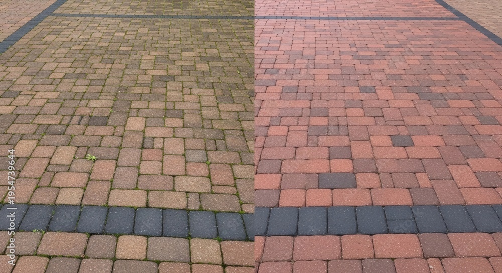 Fototapeta premium Before and after brick paver cleaning, showing transformation from dirty to clean, brick pavers