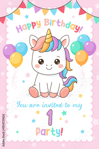 Unicorn cute illustration. Vector card design. Magical birthday party.