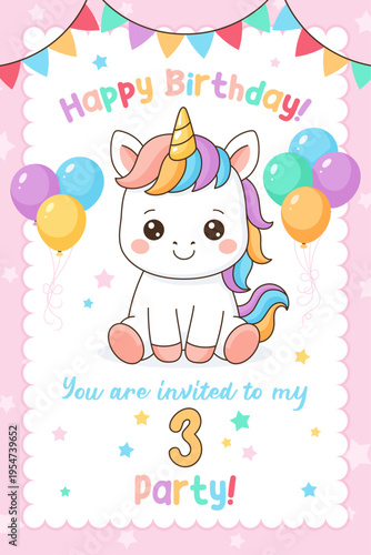 Unicorn cute illustration. Vector card design. Magical birthday party.
