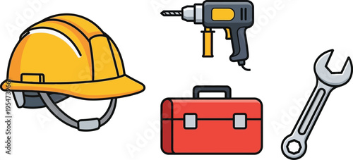 A collection of essential construction equipment featuring a hard hat, electric drill, and wrench