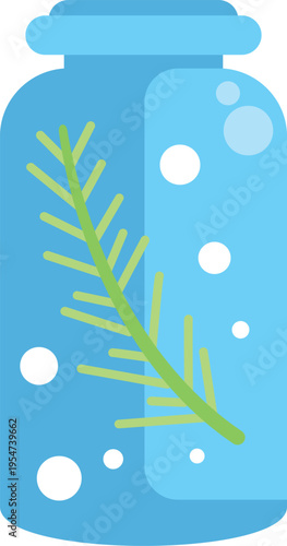 Simple flat design of a blue jar with green leaf and bubbles on white background