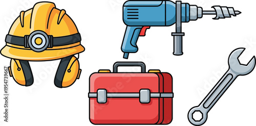 A collection of construction equipment including a hard hat, electric drill, toolbox and wrench