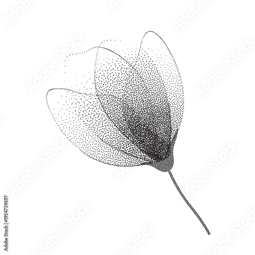 Dotwork flower in pointillism stipple effect.Gentle flower bud with subtle spray texture.Fragile floral element with dainty aesthetic for minimal prints,posters,branding,invitations.