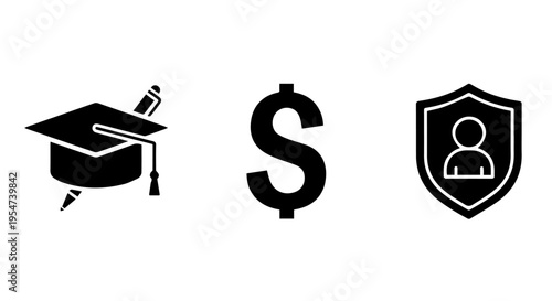 Graduation Cap with Pen, Dollar Sign, and Shield with Person Icon - Education and Finance Security vector illustration