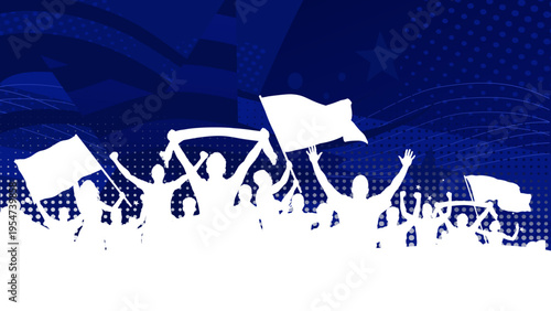 Football fans silhouettes cheering with flags on blue background