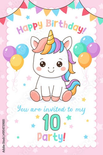 Unicorn cute illustration. Vector card design. Magical birthday party.
